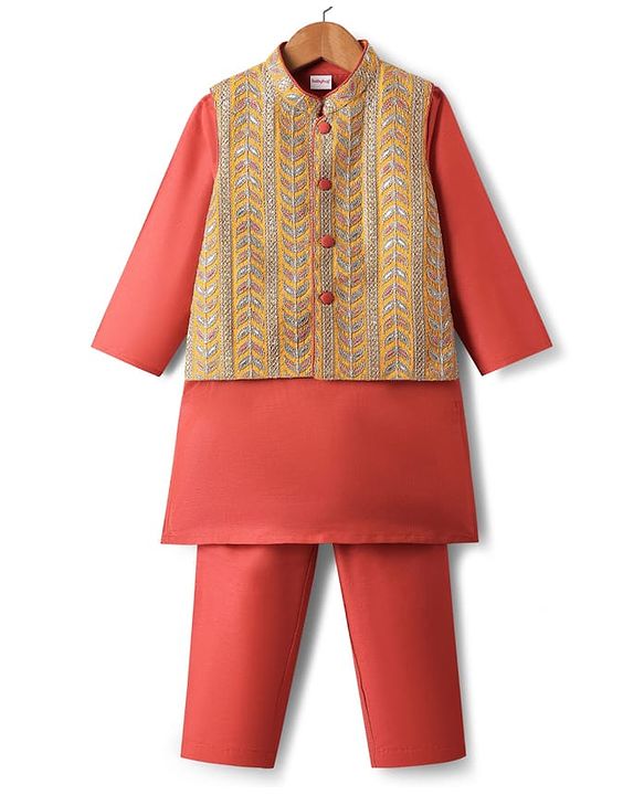 Babyhug Woven Full Sleeves Kurta Pyjama Set with  Embroidered Waistcoat - Red