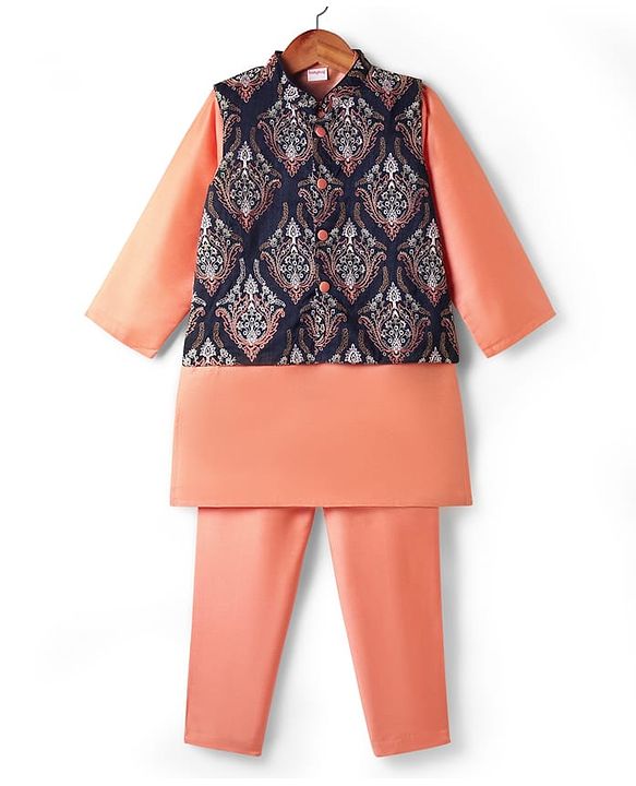 Babyhug Woven Full Sleeves Kurta Pyjama Set with Floral Embroidered Waistcoat - Peach