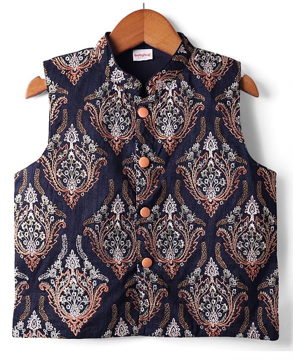 Babyhug Woven Full Sleeves Kurta Pyjama Set with Floral Embroidered Waistcoat - Peach