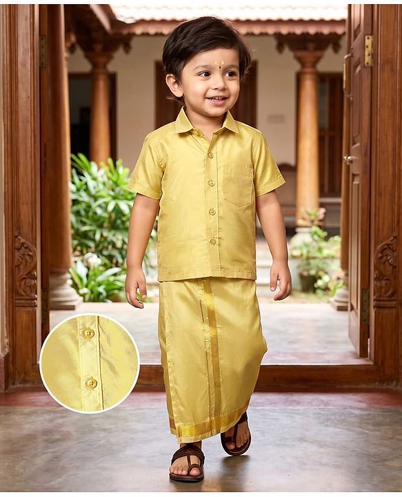Babyhug Woven Half Sleeves Jacquard Shirt & Mundu Set - Golden