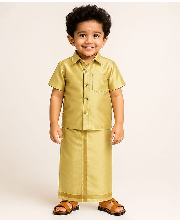 Babyhug Woven Half Sleeves Jacquard Shirt & Mundu Set - Golden