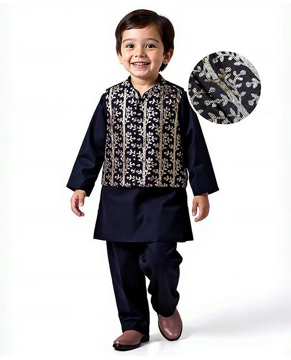 Babyhug Woven Full Sleeves Kurta Pajama Set with Jacket & Sequin Detailing - Navy Blue