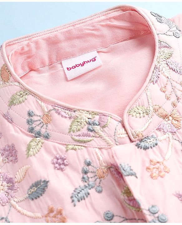 Babyhug Woven Full Sleeves Kurta Dhoti Set with Floral Embroidered Waistcoat - Pink