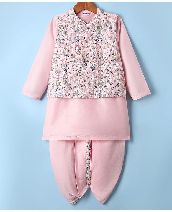 Babyhug Woven Full Sleeves Kurta Dhoti Set with Floral Embroidered Waistcoat - Pink