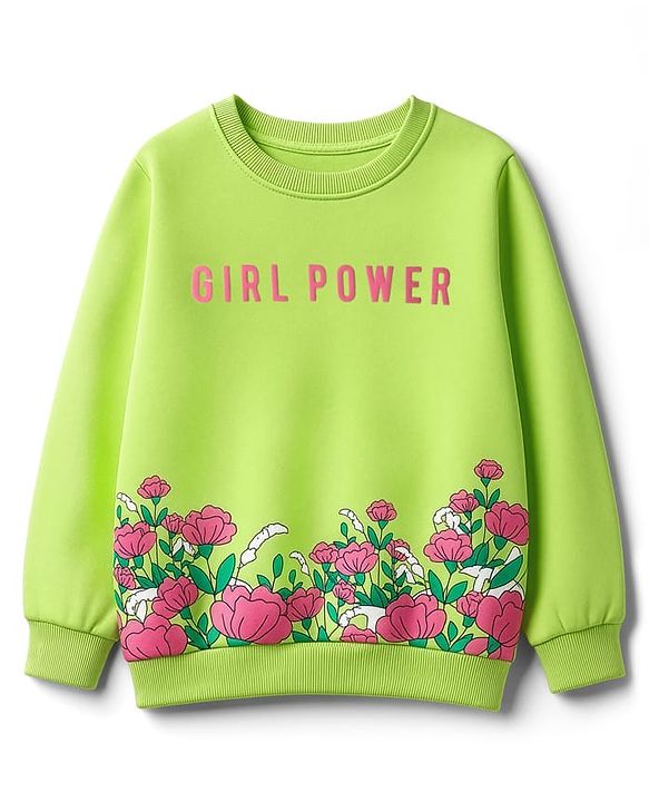Pine Kids Cotton Knit Full Sleeves Sweatshirt With Floral Print - Limegreen