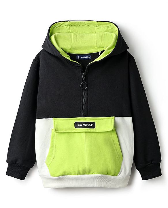 Pine Kids Cotton Knit Full Sleeves Hooded Sweatshirt With So What Print & Kangaroo Pockets - Black & Green