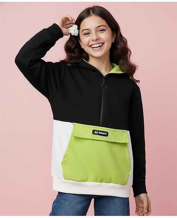 Pine Kids Cotton Knit Full Sleeves Hooded Sweatshirt With So What Print & Kangaroo Pockets - Black & Green