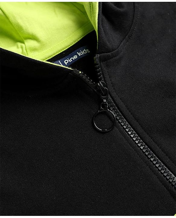 Pine Kids Cotton Knit Full Sleeves Hooded Sweatshirt With So What Print & Kangaroo Pockets - Black & Green