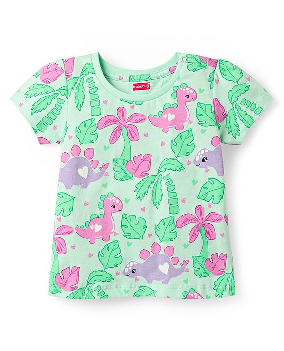 Babyhug Cotton Knit Half Sleeves Co-ords Capri Night Suit with Dino Print - Light Green