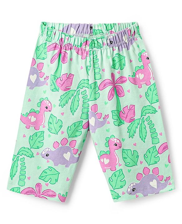Babyhug Cotton Knit Half Sleeves Co-ords Capri Night Suit with Dino Print - Light Green
