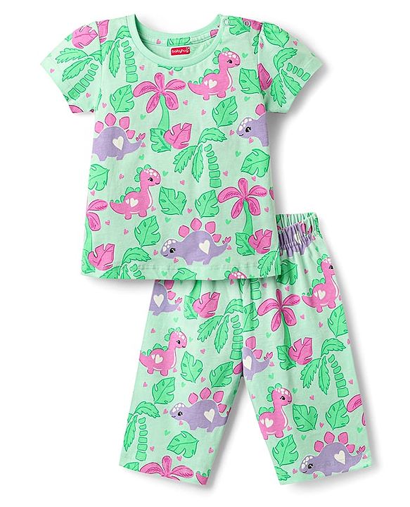 Babyhug Cotton Knit Half Sleeves Co-ords Capri Night Suit with Dino Print - Light Green