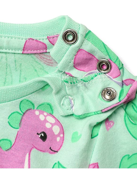 Babyhug Cotton Knit Half Sleeves Co-ords Capri Night Suit with Dino Print - Light Green