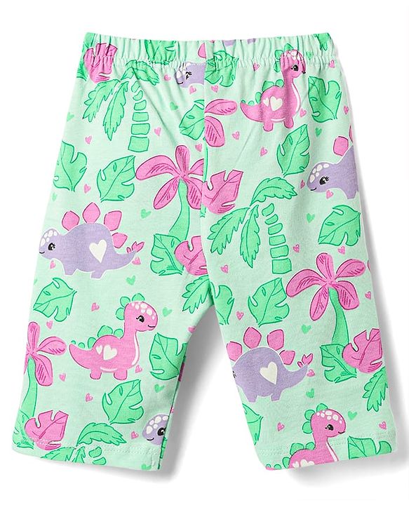 Babyhug Cotton Knit Half Sleeves Co-ords Capri Night Suit with Dino Print - Light Green