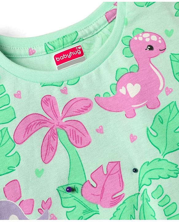 Babyhug Cotton Knit Half Sleeves Co-ords Capri Night Suit with Dino Print - Light Green