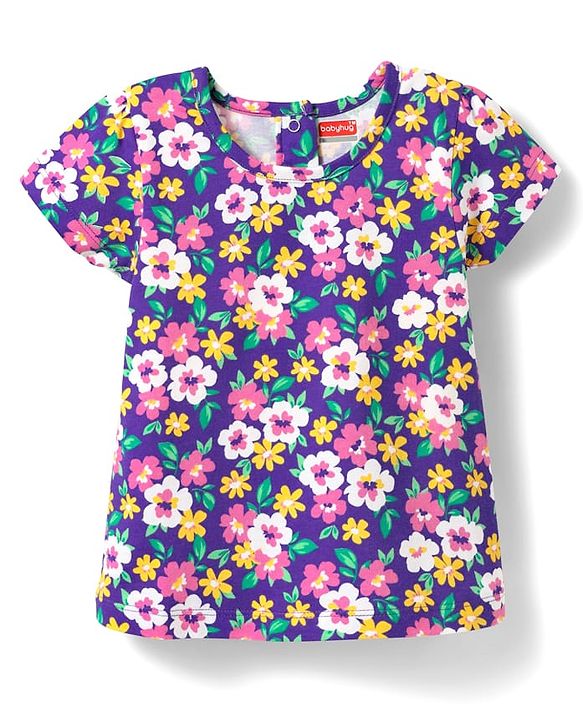 Babyhug Cotton Knit Half Sleeves Capri Co-Ord Night Suit With Floral Print - Purple