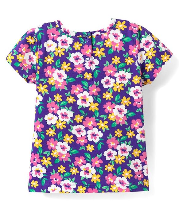 Babyhug Cotton Knit Half Sleeves Capri Co-Ord Night Suit With Floral Print - Purple
