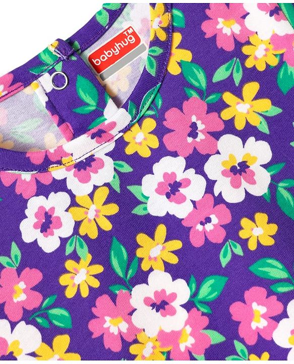 Babyhug Cotton Knit Half Sleeves Capri Co-Ord Night Suit With Floral Print - Purple