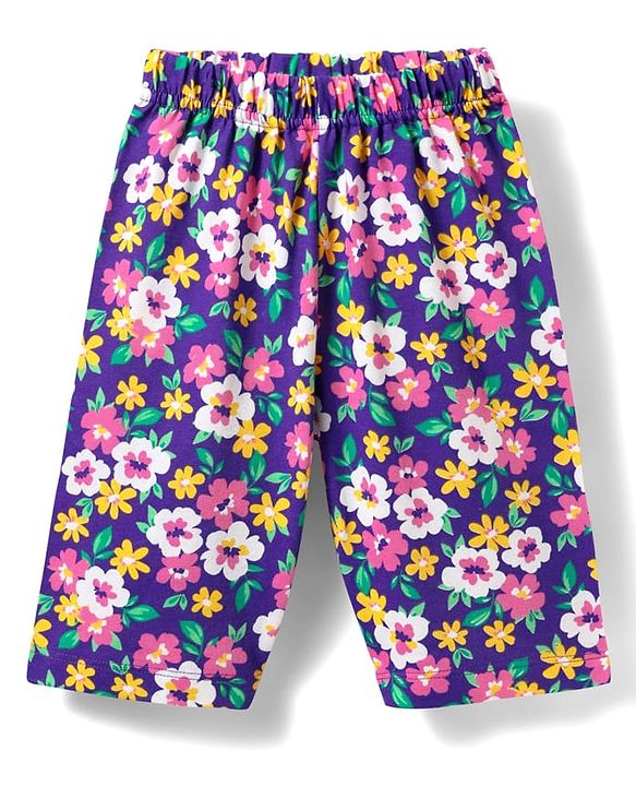 Babyhug Cotton Knit Half Sleeves Capri Co-Ord Night Suit With Floral Print - Purple