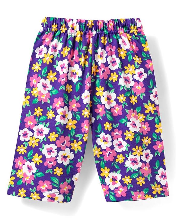 Babyhug Cotton Knit Half Sleeves Capri Co-Ord Night Suit With Floral Print - Purple