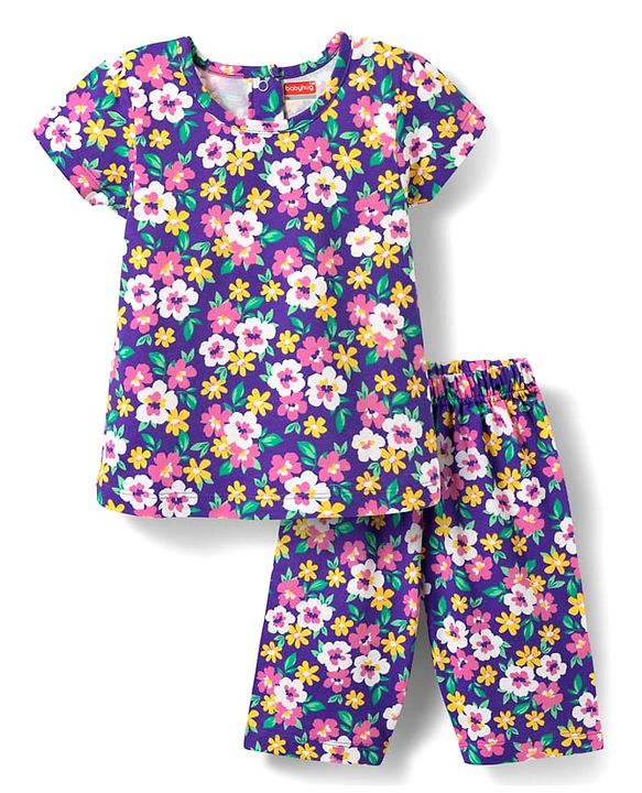 Babyhug Cotton Knit Half Sleeves Capri Co-Ord Night Suit With Floral Print - Purple