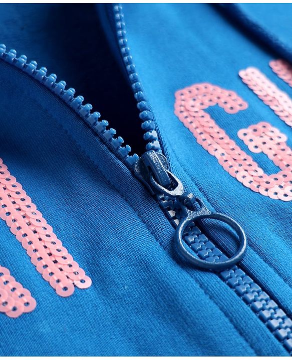 Pine Kids Cotton Knit Full Sleeves Hooded SweatJacket with Sequin Detailing - Blue