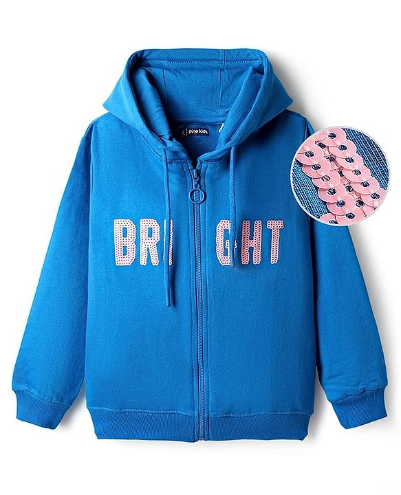 Pine Kids Cotton Knit Full Sleeves Hooded SweatJacket with Sequin Detailing - Blue