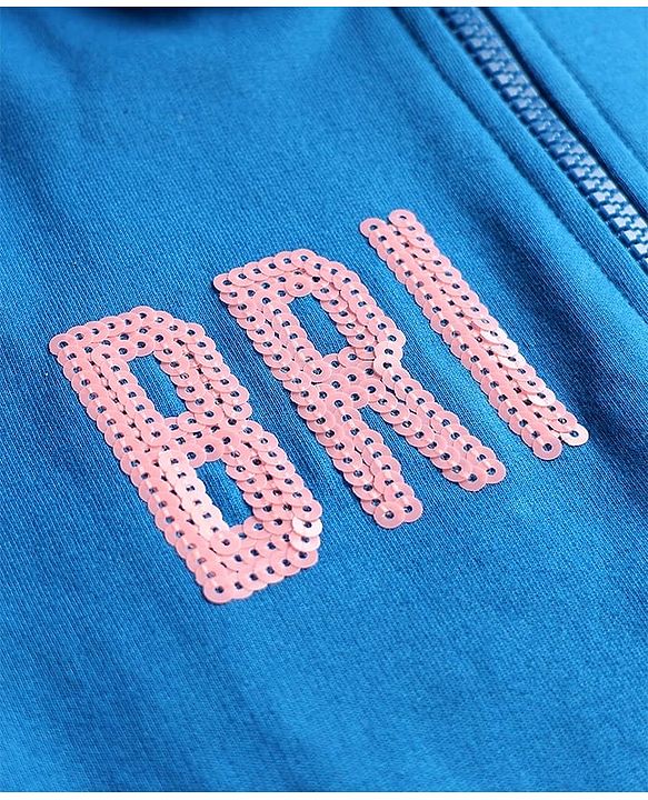 Pine Kids Cotton Knit Full Sleeves Hooded SweatJacket with Sequin Detailing - Blue