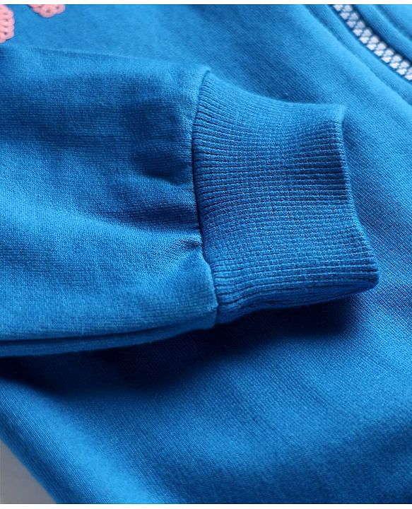 Pine Kids Cotton Knit Full Sleeves Hooded SweatJacket with Sequin Detailing - Blue