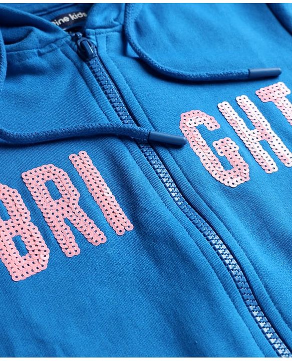 Pine Kids Cotton Knit Full Sleeves Hooded SweatJacket with Sequin Detailing - Blue