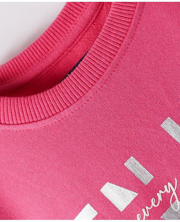 Pine Kids Cotton Knit Drop Shoulder Full Sleeves Sweatshirt With Text Print - Dark Pink