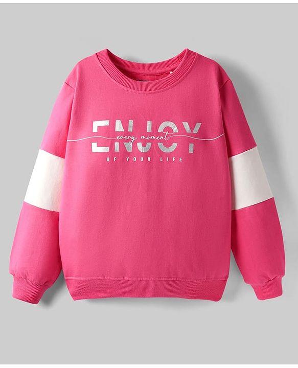 Pine Kids Cotton Knit Drop Shoulder Full Sleeves Sweatshirt With Text Print - Dark Pink