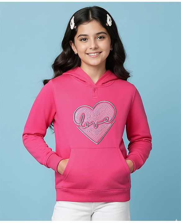 Pine Kids Cotton Knit Full Sleeves Hooded Sweatshirt with Sequin Heart Design & Kangaroo Pocket - Dark Pink