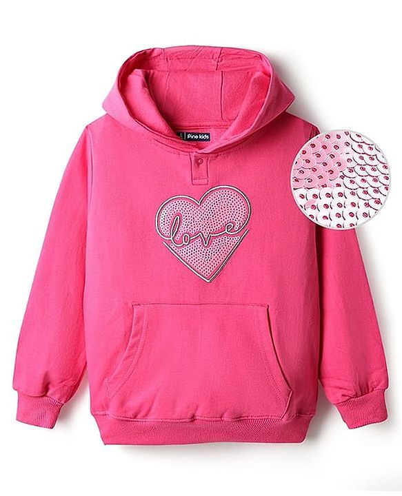 Pine Kids Cotton Knit Full Sleeves Hooded Sweatshirt with Sequin Heart Design & Kangaroo Pocket - Dark Pink