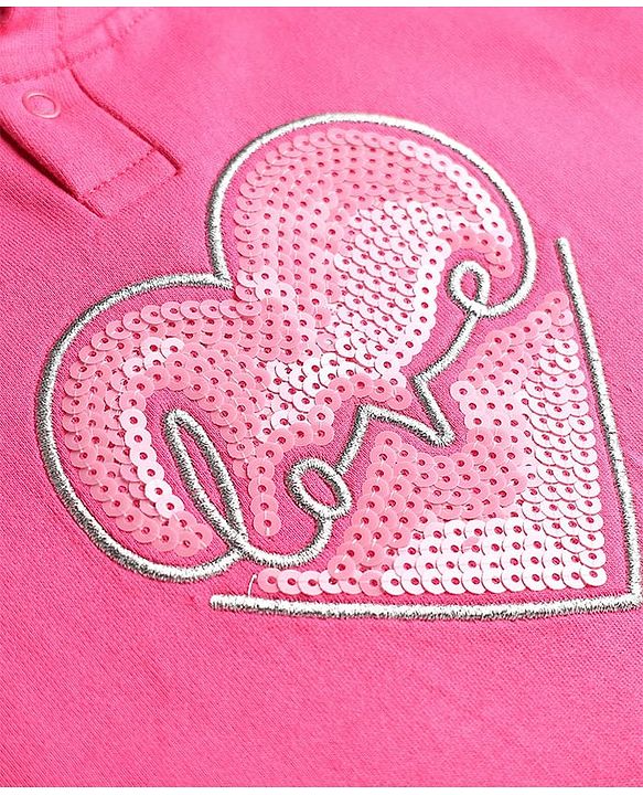 Pine Kids Cotton Knit Full Sleeves Hooded Sweatshirt with Sequin Heart Design & Kangaroo Pocket - Dark Pink