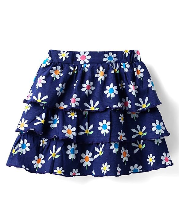 Babyhug  Single Jersey Knit Half Sleeves Top and Skirt Set with Sequin Floral Embroidery - Yellow & Navy Blue