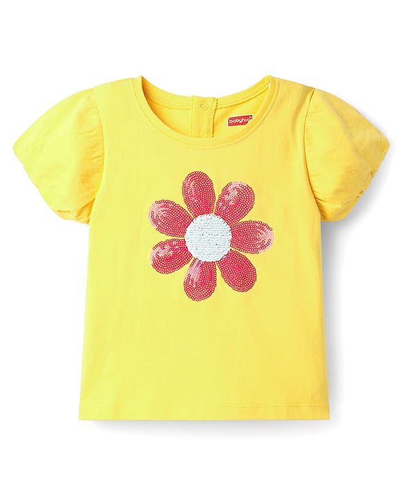 Babyhug  Single Jersey Knit Half Sleeves Top and Skirt Set with Sequin Floral Embroidery - Yellow & Navy Blue
