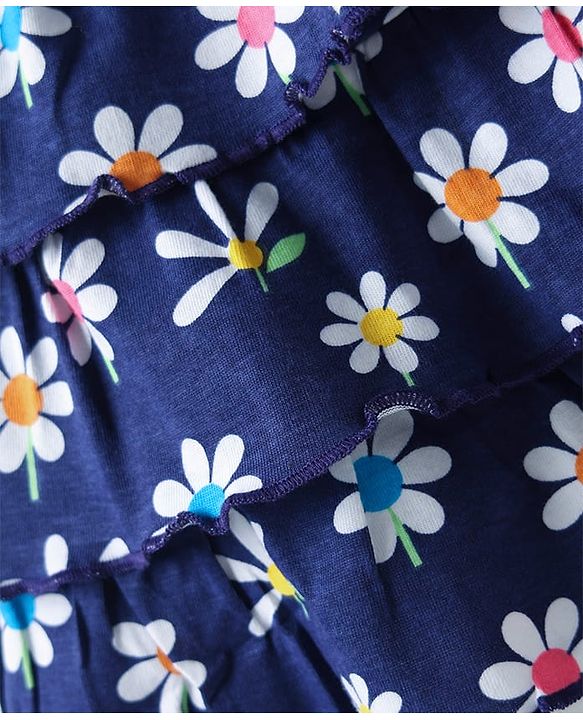 Babyhug  Single Jersey Knit Half Sleeves Top and Skirt Set with Sequin Floral Embroidery - Yellow & Navy Blue