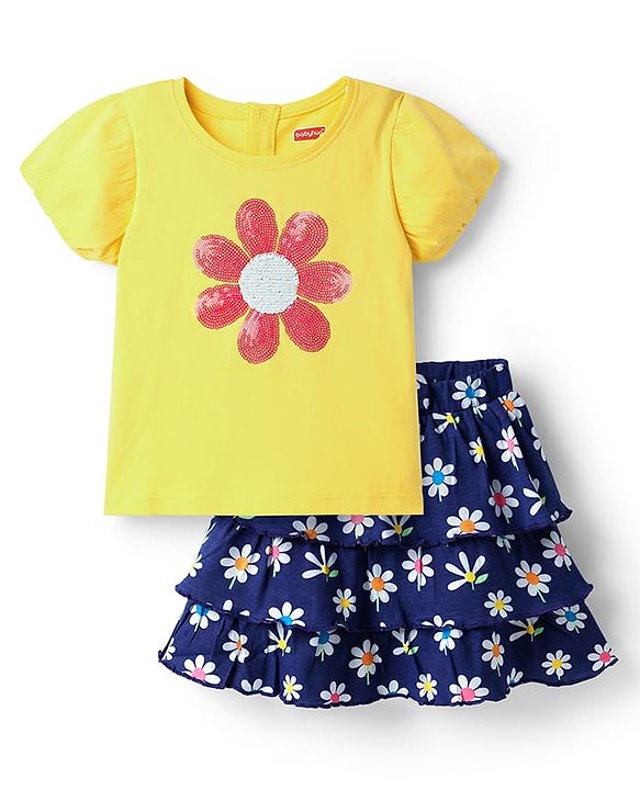Babyhug  Single Jersey Knit Half Sleeves Top and Skirt Set with Sequin Floral Embroidery - Yellow & Navy Blue