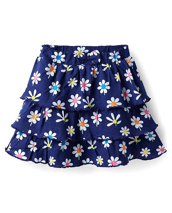 Babyhug  Single Jersey Knit Half Sleeves Top and Skirt Set with Sequin Floral Embroidery - Yellow & Navy Blue