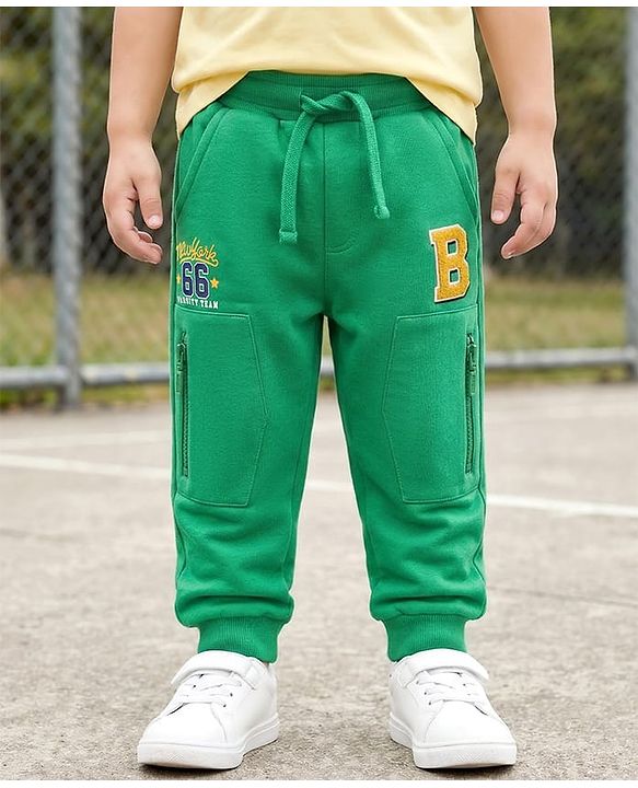 Babyhug Cotton Terry Knit Full Length Lounge Pant with 66 New York Varsity Team Print - Green