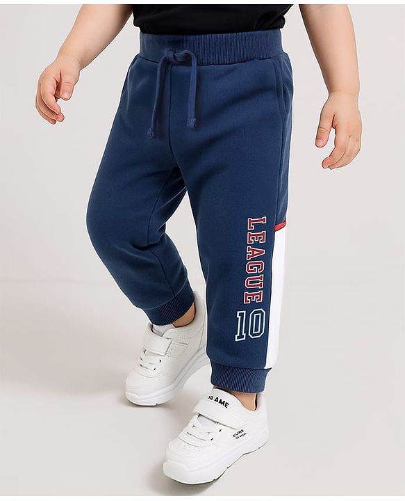 Babyhug Cotton Terry Knit Full Length Lounge Pants with League 10 Print - Navy Blue