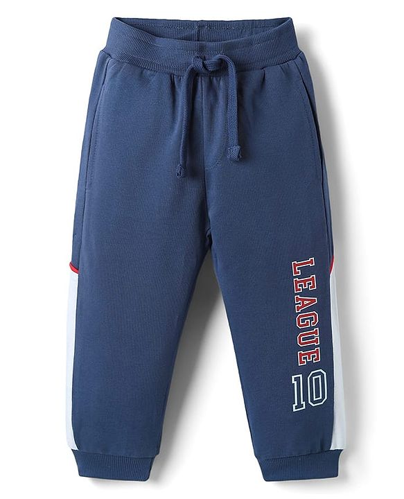 Babyhug Cotton Terry Knit Full Length Lounge Pants with League 10 Print - Navy Blue