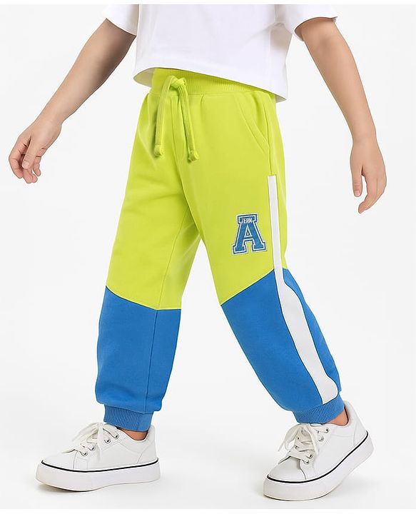 Babyhug Cotton Terry Knit Full Length Lounge Pants with Color Block & Cut & Sew Design - Yellow & Blue