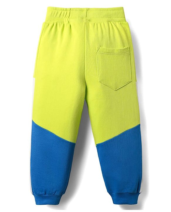 Babyhug Cotton Terry Knit Full Length Lounge Pants with Color Block & Cut & Sew Design - Yellow & Blue