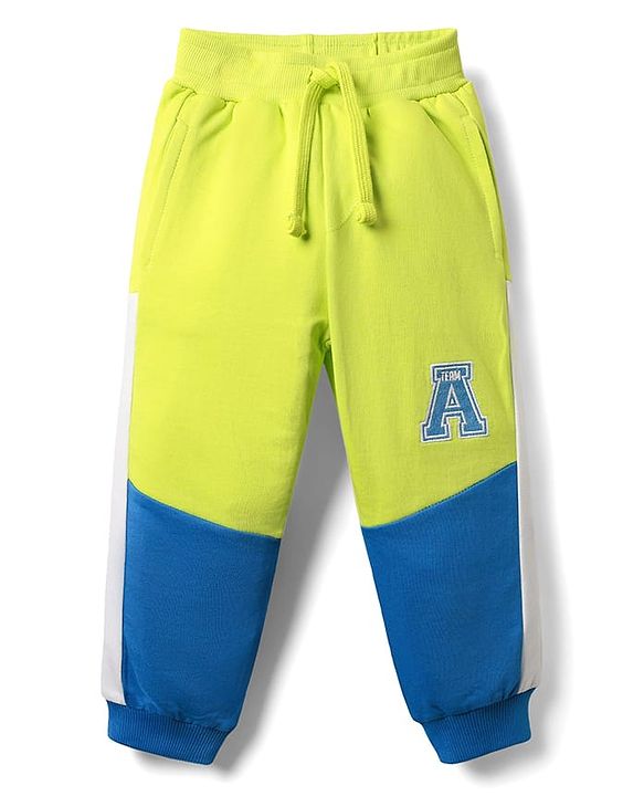 Babyhug Cotton Terry Knit Full Length Lounge Pants with Color Block & Cut & Sew Design - Yellow & Blue