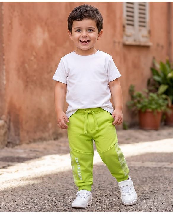 Babyhug Cotton Terry Knit Full Length Lounge Pants with Adventure Print & Cut & Sew Design - Limegreen