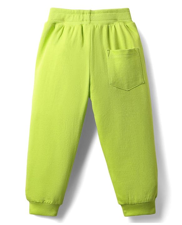 Babyhug Cotton Terry Knit Full Length Lounge Pants with Adventure Print & Cut & Sew Design - Limegreen