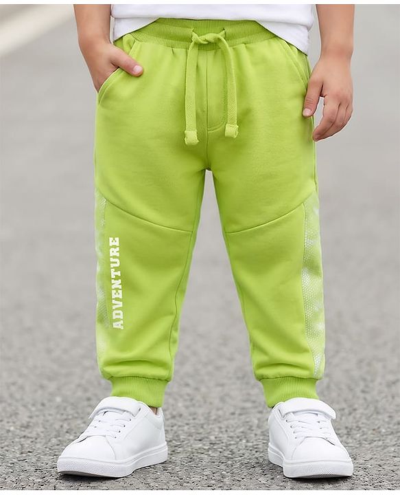 Babyhug Cotton Terry Knit Full Length Lounge Pants with Adventure Print & Cut & Sew Design - Limegreen