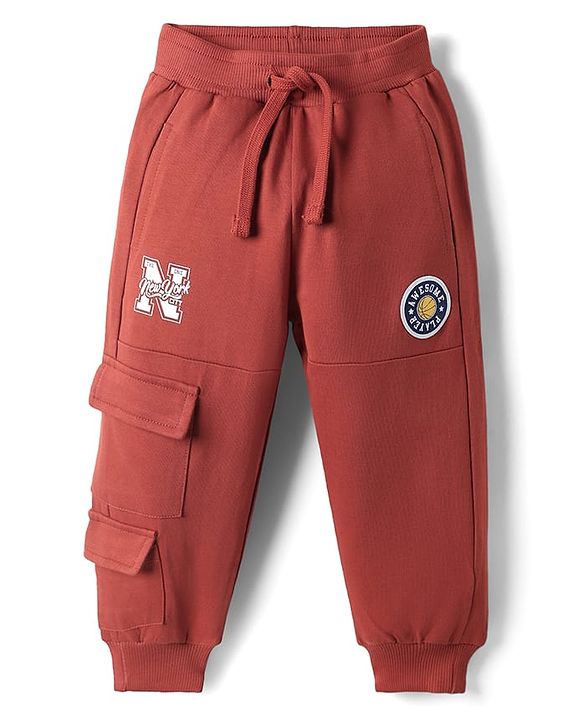 Babyhug Cotton Terry Knit Full Length Lounge Pants with Badge & NYC Print - Maroon