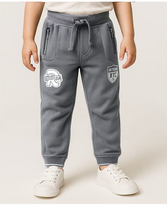 Babyhug Cotton Terry Knit Full Length Lounge Pant with Varsity Print - Grey